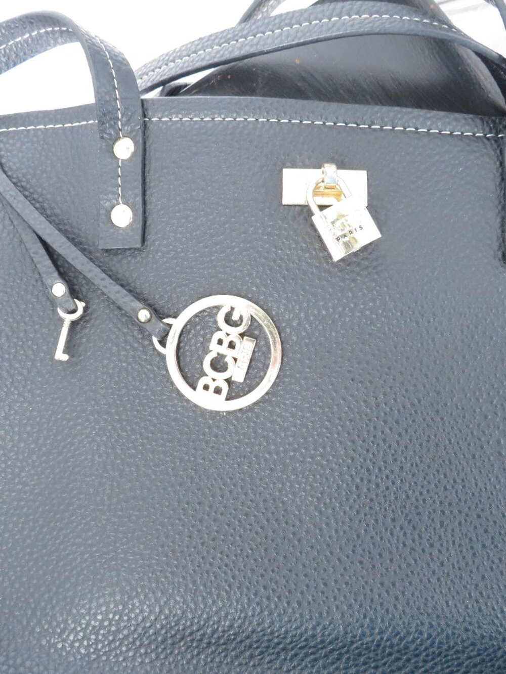 BCBG Paris Tote Bag Black Large Pebbled Gold Padlock Lock Charm Key L Shopper